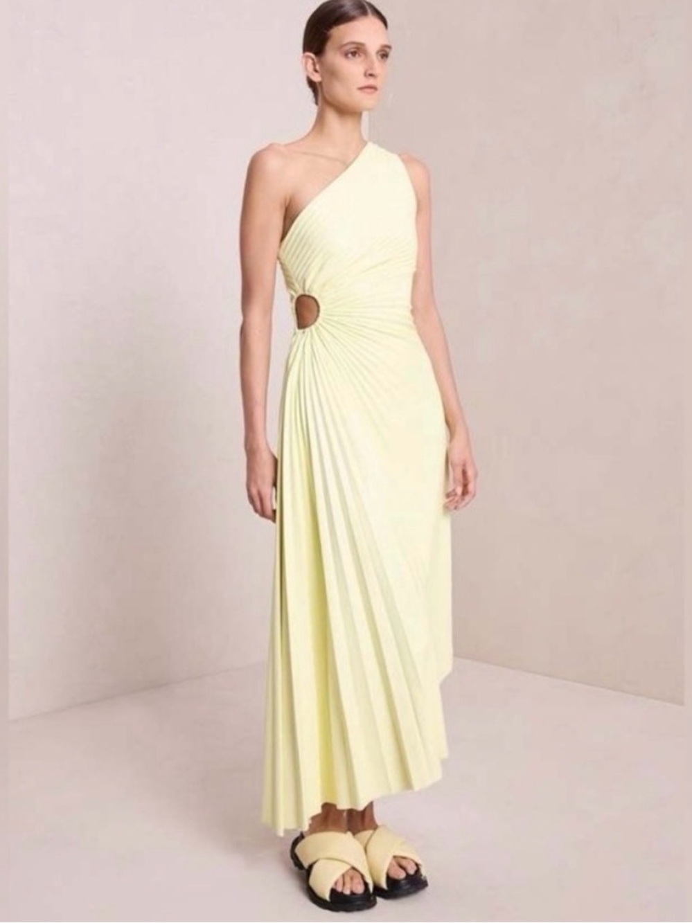 A.L.C. Yellow One Shoulder Cutout Pleated Midi Dress Faux Leather - Picture 9 of 9